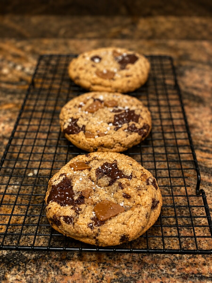 Chocolate chip cookies cooling on a rack