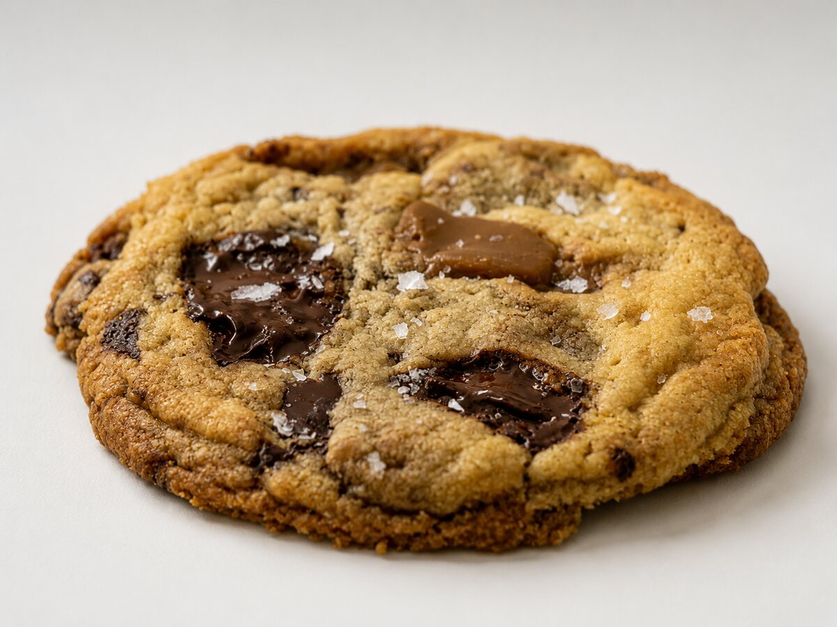 Close-up of a gooey chocolate chip cookie