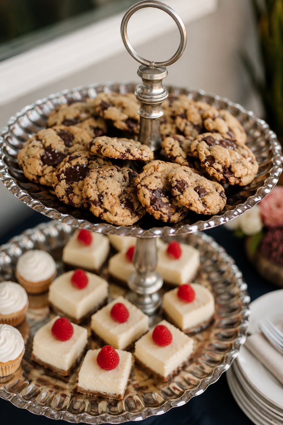 Tiered dessert stand of cookies and treats